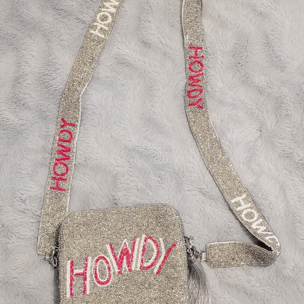 Sequined 'HOWDY' Crossbody Bag in Silver and Pink